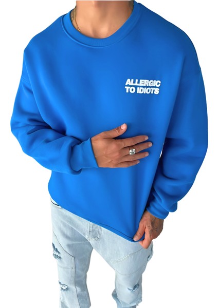 Mavi Baskılı Oversize Sweatshirt