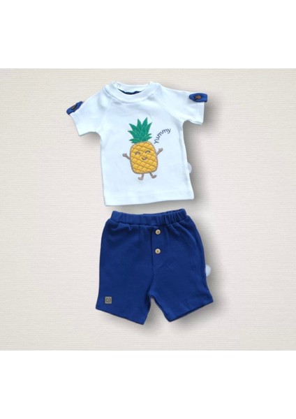 Ananas Nakışlı Kısa Kollu Sweatli Şortlu 2li Kız-Erkek Bebek Takımı Mavi