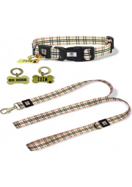 Köpek Tasma Seti Boyun Tasması ve Gezdirme Kayışı Kişiye Özel Çelik Künyeli Orta ve Büyük