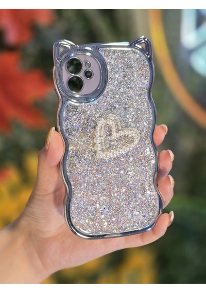 Apple iPhone 12 Uyumlu 3D Taşlı Kalp ve Simli Işlemeli Kamera Korumalı Ultra Premium Kılıf
