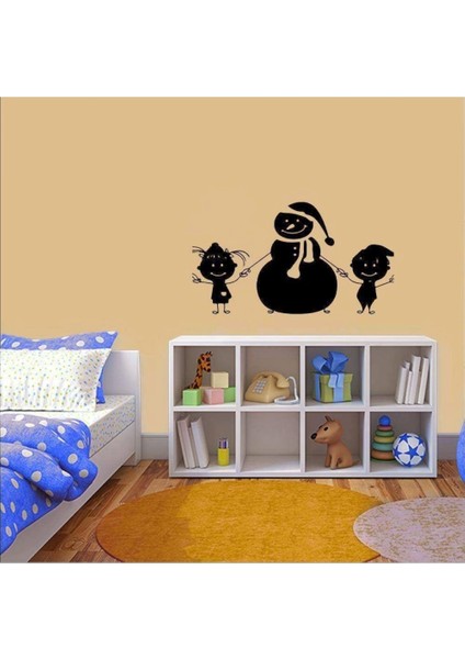 Mutlu Kardan Adam ve Çocuklar Silüeti Dekoratif Çocuk Odası Duvar Sticker, Çıkartma, Etiket