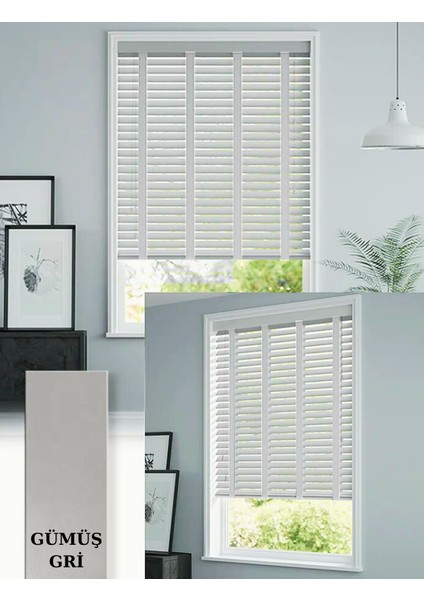 Wooden Blinds %100 Doğal Ahşap Jaluzi 50MM, Alüminyum Kasalı Yüksek Kaliteli - Grey/gümüş