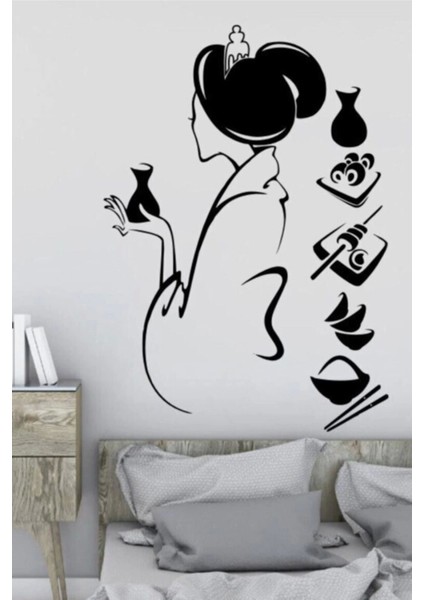 Japon Kadın ve Suşhi Sticker - Home Sticker - Duvar Sticker