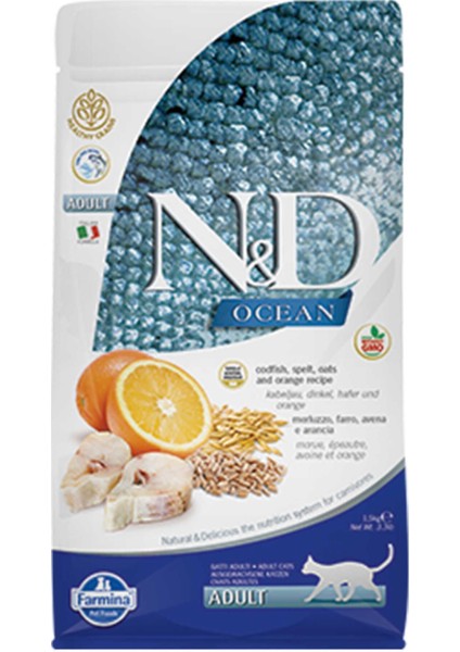 Ocean Düşük Tahıllı Morina Balığı ve Portakallı Yetişkin Kedi Maması 1,5kg