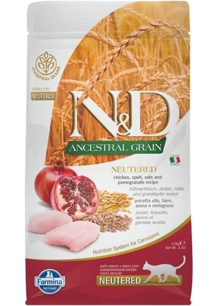 Nd Ancestral Grain Tavuk Chicken Neutered Kısır Adult Cat Food Yetişkin Kedi Maması 1.5kg