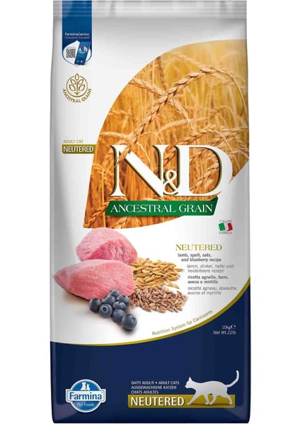 Ancestral Grain Düşük Tahıllı Kuzu Eti ve Yaban Mersinli Kısırlaştırılmış Kedi Maması 10kg