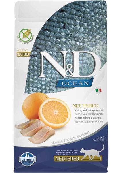 Ocean Tahılsız Ringa Balıklı ve Portakallı Kısırlaştırılmış Kedi Maması 1,5kg