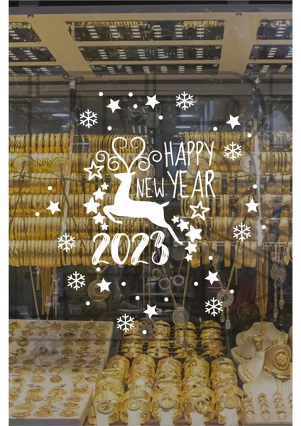 Happy New Year Geyik ve 2023 Yılbaşı Süslemeleri Yeni Yıl Vitrin,cam,duvar Sticker