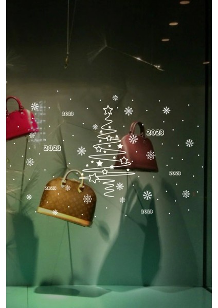 Yılbaşı Happy New Year Sticker Çıkartma Süsü Yeni Yıl Süsü Parti Cam Süsü Noel Ağacı Kar Tanesi 2023