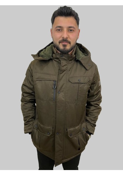 Erkek Kapüşon Çıklamlı Içi Kürklü Kanvas Haki Parka Kaban