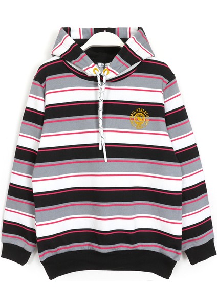 Çizgili Nakış Detaylı Kapüşonlu Erkek Çocuk Sweatshirt 001-0001977