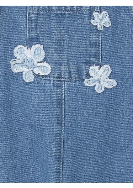 Lcw Kids Kare Yaka Nakışlı Kız Çocuk Jean Salopet Elbise