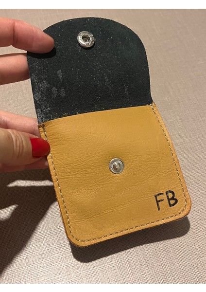 Pinkyola Design - Kare Model Deri Fb Hardal Sarı ve Mavi Mini Bozuk Para Cüzdanı,airpod Kılıf