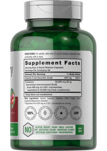 Cranberry Concentrate Extract + Vitamin C 30,000MG 120 Capsules Non-Gmo And Gluten Free
