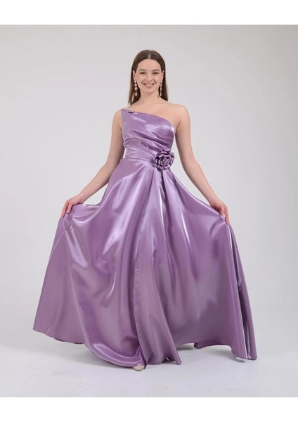 Kadın Lavanta Yırtmaçlı Parlak Saten Uzun Abiye & Mezuniyet Elbise Özel Davetler