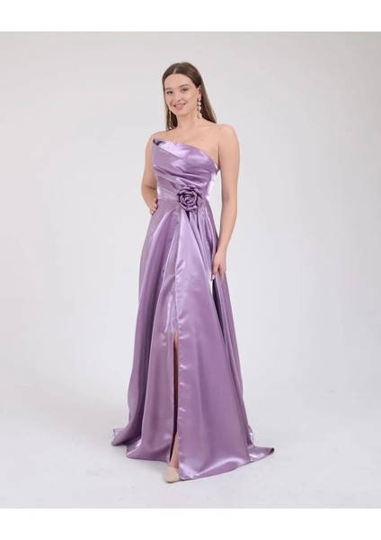Kadın Lavanta Yırtmaçlı Parlak Saten Uzun Abiye & Mezuniyet Elbise Özel Davetler fırsatları