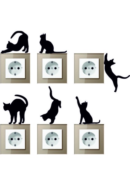 6'lı Priz Kedi Sticker Set Siyah Etiket Duvar Sticker
