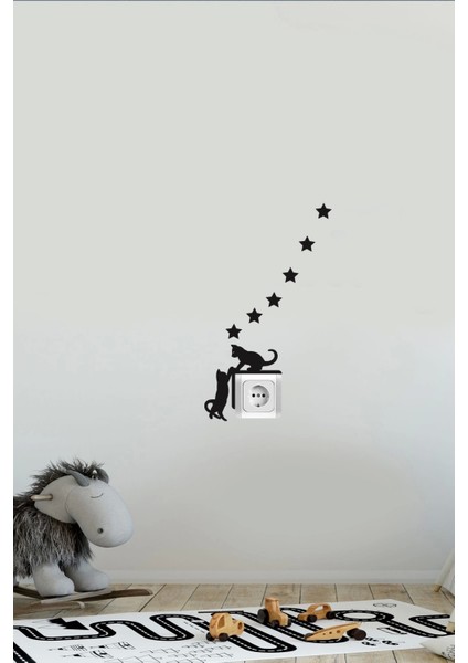 Priz Kedi Sticker Set Siyah Kedi Yıldız Etiket Duvar Sticker