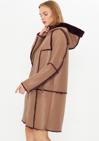 Deri Kapüşonlu Oversize Kadın Kaban - Içi Kürklü Bordo - Kahverengi 90 cm - 113422 indirimleri