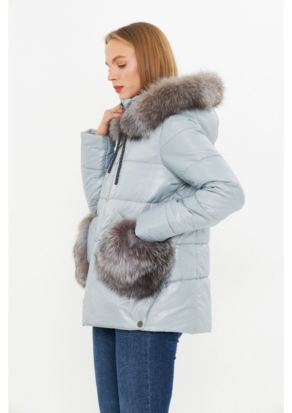 Şişme Kadın Kaban - Kürk Detaylı, Kapüşonlu - Buz Mavisi 75 cm - A001X