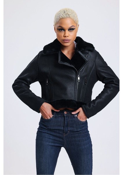 Deri Crop Ceket, 54 Cm, Sportif & Outdoor Görünüm, Kürklü - 112422