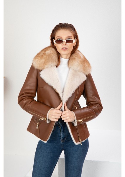 Kahverengi Deri Ceket, Kruvaze Kadın Deri Ceket, Kürk Yakalı, Bej Tüylü Içi Kürk - 113522