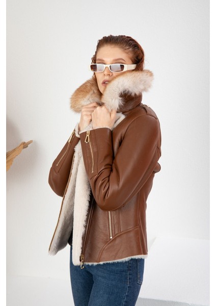 Kahverengi Deri Ceket, Kruvaze Kadın Deri Ceket, Kürk Yakalı, Bej Tüylü Içi Kürk - 113522 fiyatları