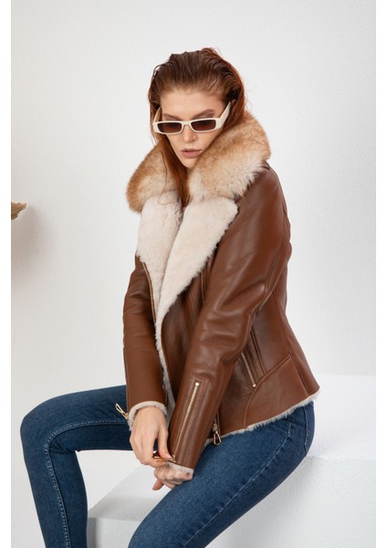 Kahverengi Deri Ceket, Kruvaze Kadın Deri Ceket, Kürk Yakalı, Bej Tüylü Içi Kürk - 113522 modelleri