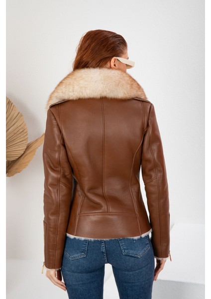 Kahverengi Deri Ceket, Kruvaze Kadın Deri Ceket, Kürk Yakalı, Bej Tüylü Içi Kürk - 113522 indirimleri