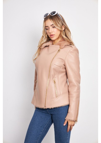 Kadın Pembe Deri Mont - 63 Cm, Deri, Içi Kürklü, Fermuarlı, Premium ve Lüks fırsatları
