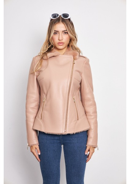 Kadın Pembe Deri Mont - 63 Cm, Deri, Içi Kürklü, Fermuarlı, Premium ve Lüks