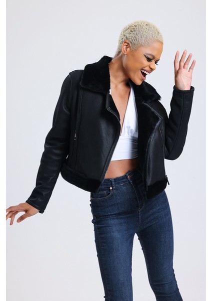 Deri Crop Ceket, 54 Cm, Sportif & Outdoor Görünüm, Kürklü - 112422 fırsatları