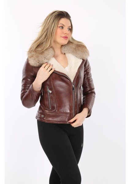 Kadın Kahverengi Hakiki Deri Kaban, Vintage Kürk Yakalı, Kemersiz Model, Içi Kürklü - 12107208 modelleri