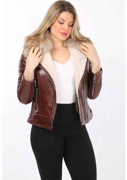 Kadın Kahverengi Hakiki Deri Ceket, Vintage Kürk Yakalı, Kemersiz Model, Içi Kürklü - 121072 modelleri