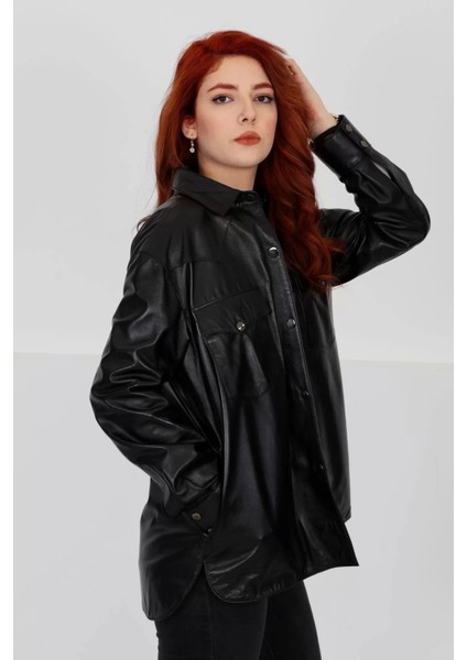 Hakiki Deri Kadın Gömlek - Oversize, Çıtçıt Kapamalı, Siyah - 102322