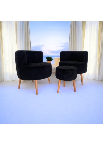 Siyah Teddy Kumaş Çay Seti Ikili Koltuk Berjer ve Puf Takımı (Salon, Balkon, Ofis) 3'lü Takım