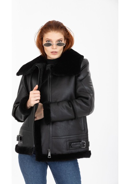 Kadın Siyah Vintage Deri Mont, Siyah Kürklü, Balıkçı Yaka, Oversize Model - 105222