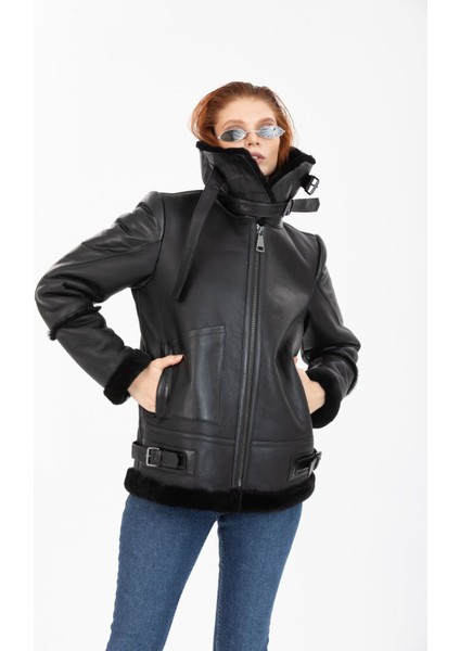 Kadın Siyah Vintage Deri Mont, Siyah Kürklü, Balıkçı Yaka, Oversize Model - 105222