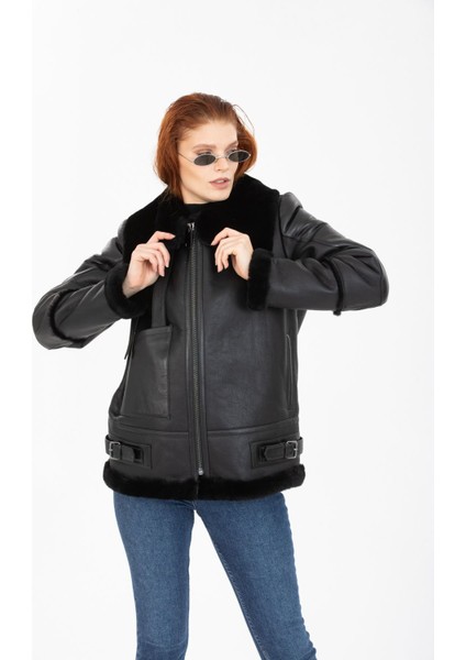 Kadın Siyah Vintage Deri Mont, Siyah Kürklü, Balıkçı Yaka, Oversize Model - 105222
