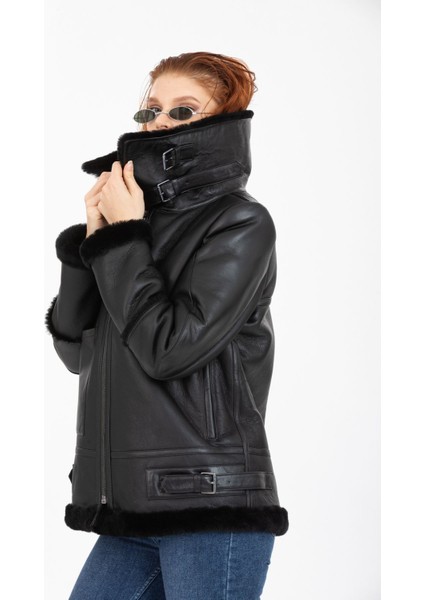 Kadın Siyah Vintage Deri Mont, Siyah Kürklü, Balıkçı Yaka, Oversize Model - 105222