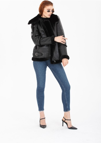 Kadın Siyah Vintage Deri Mont, Siyah Kürklü, Balıkçı Yaka, Oversize Model - 105222