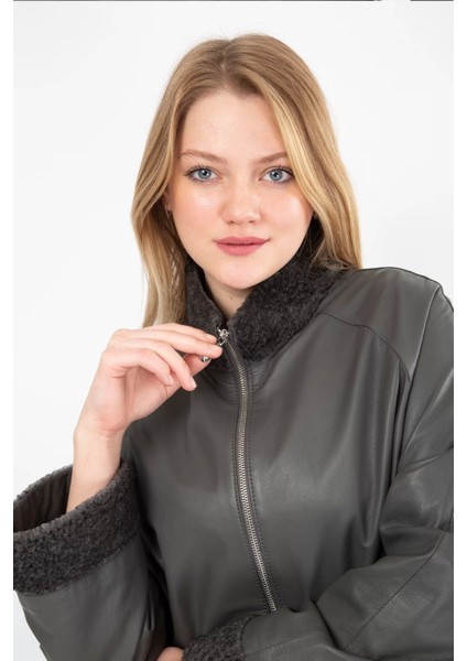 Hakiki Deri Mont Oversize Kürk Detaylı Ceket