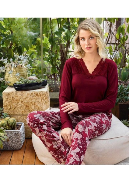 Kadın Uzun Kol Dantelli Pijama Takımı