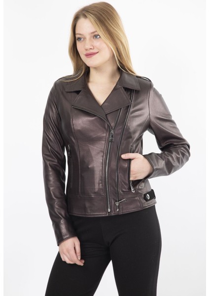 Kadın Vişne Rengi Hakiki Deri Mont, Kruvaze Yaka, Fermuarlı, Klasik Tasarım, 57 cm - 10030905 modelleri
