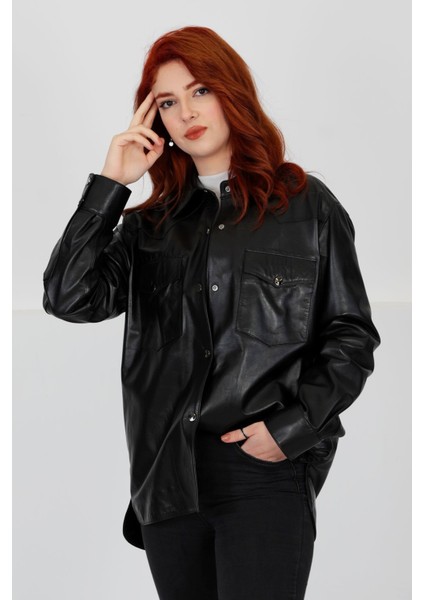 Lüx Deri Gömlek Oversize Siyah Cep Detaylı - 11103722