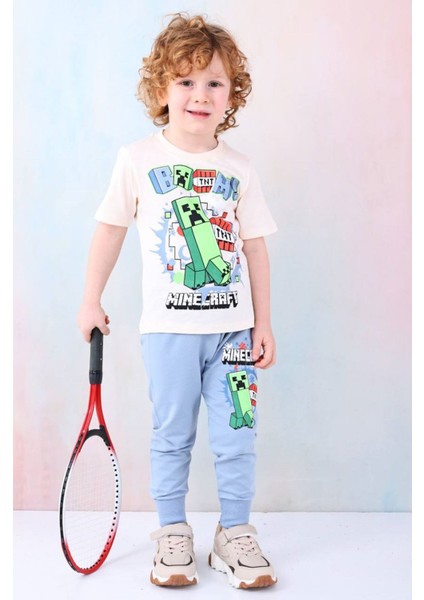 Pjkke Minecraft Desenli Mavi Eşofmanlı Erkek Çocuk Kısa Kol Takım 3-10 Yaş 7461-M