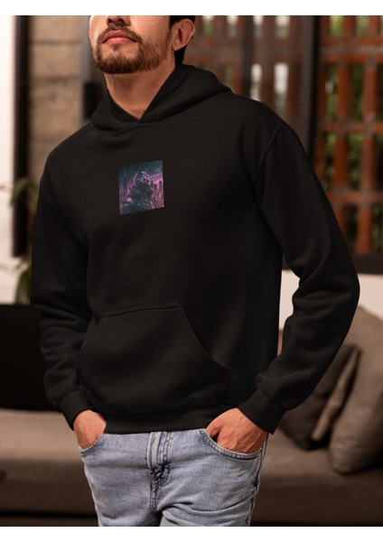 Unisex Wolf Baskılı Hoodie / Kapüşonlu Sweatshirt
