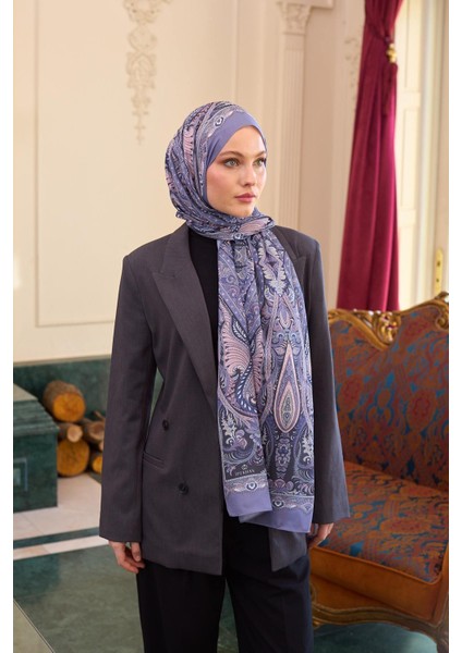 Desenli Vual Şal Lila Vual Ipek Şal - 9804-10