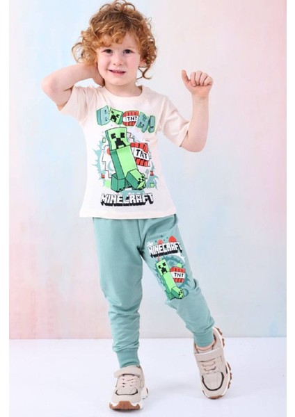 Pjkke Minecraft Desenli Yeşil Eşofmanlı Erkek Çocuk Kısa Kol Takım 3-10 Yaş 7461-Y