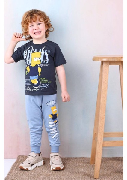 Pjkke Simpson Desenli Açık Mavi Eşofmanlı Erkek Çocuk Kısa Kol Takım 3-10 Yaş 7492-AÇM